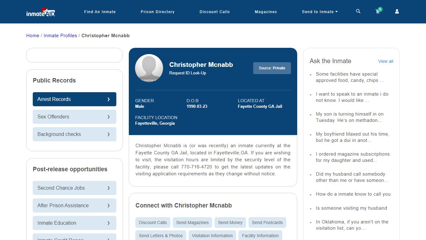 Inmate Search: Connect with Christopher Mcnabb, Fayetteville, Georgia